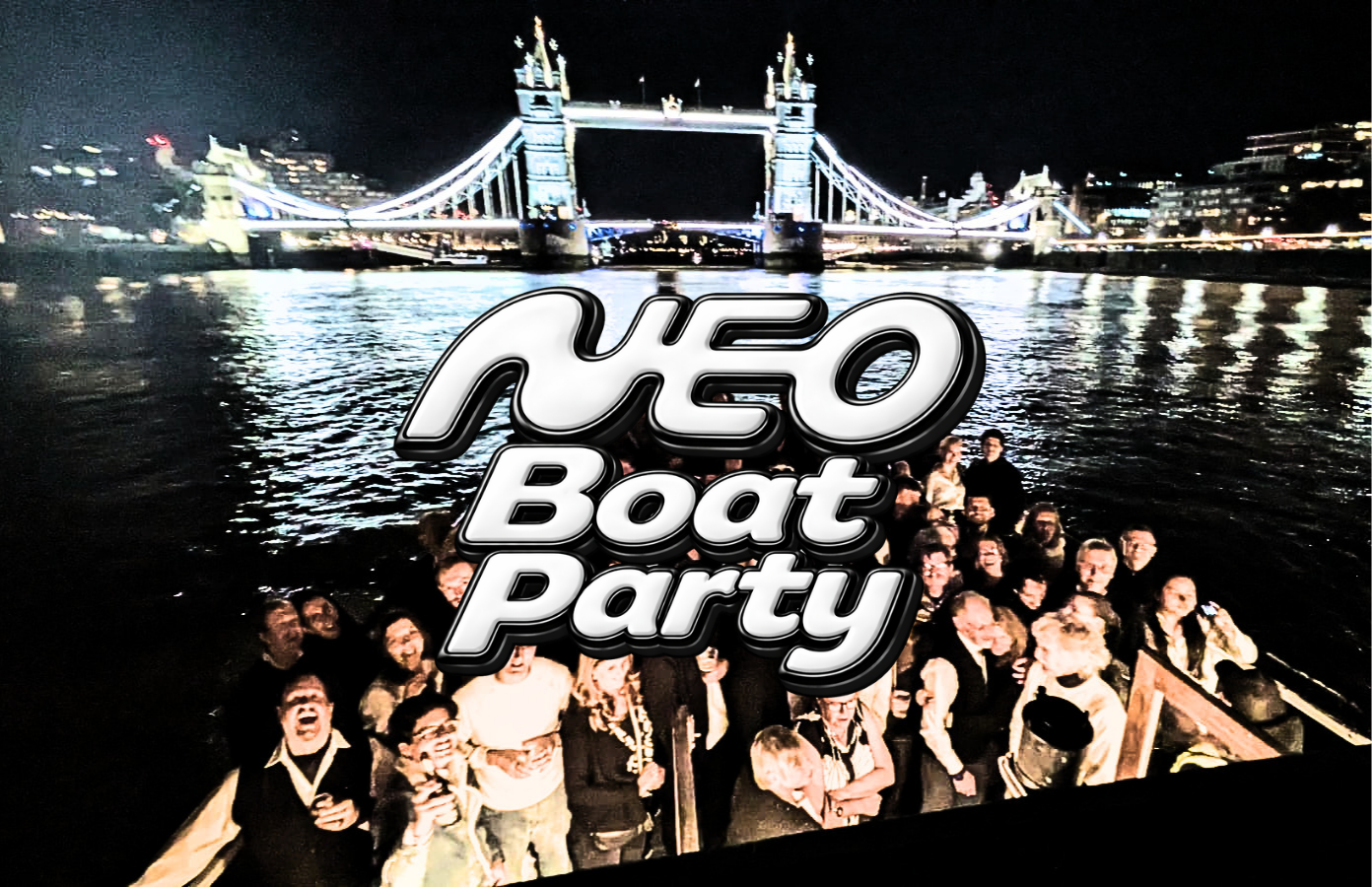 Neo Boat Party guests in front of Tower Bridge at night